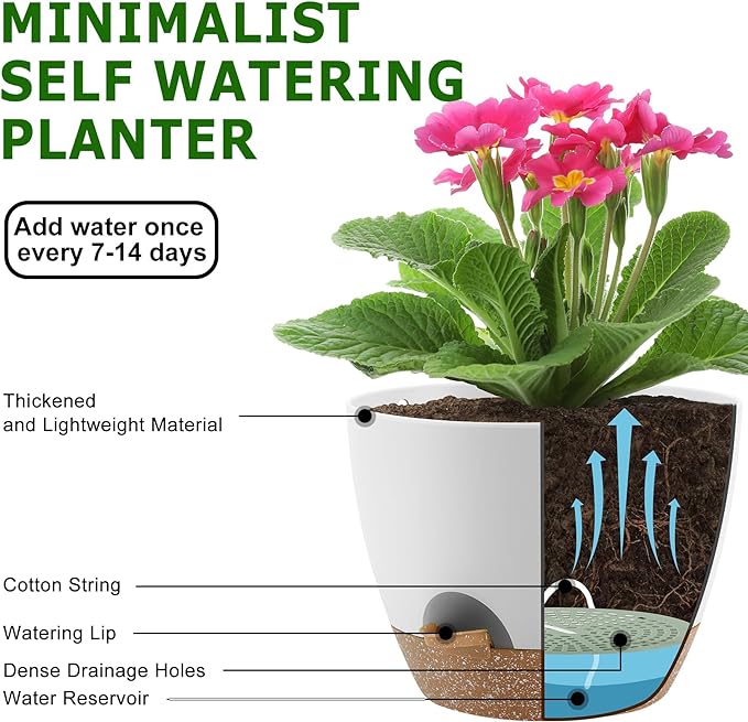 QRRICA Plant Pots 10/9/8 Inch Self Watering Pots, Set of 3 Plastic Planters with Drainage Holes and Saucers,Plastic Flower Pots,Nursery Planting Pot for Indoor Out Door Plants（White）