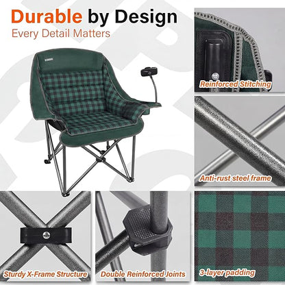 Oversized Camping Chairs for Adults- Heavy Duty Extra Large Lawn Chair,Folding Comfy Padded Camp Chair for Outdoor Sports Garden Beach Fishing,Wide&Thick,Green Plaid