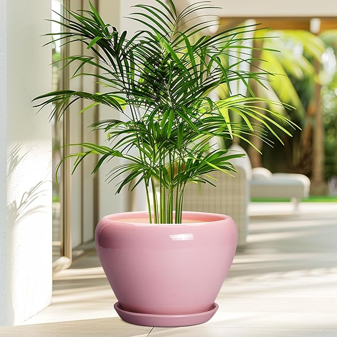 10 Inch Plant Pot - Ceramic Planter for Indoor Plants, Glaze Modern Round Planter with Drainage Hole and Saucer, Gifts for Plant Lovers, Office Patio Home Room Decor, Pink