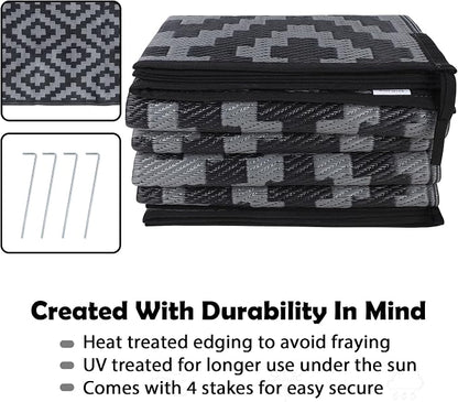 SAND MINE Waterproof Outdoor Rug 8x10 ft, Plastic Reversible Rug, Modern Area Rug, Large Floor Mat for Outdoors, RV, Patio, Backyard, Deck, Picnic, Beach, Camping (8' x 10', Black Grey Lattice)