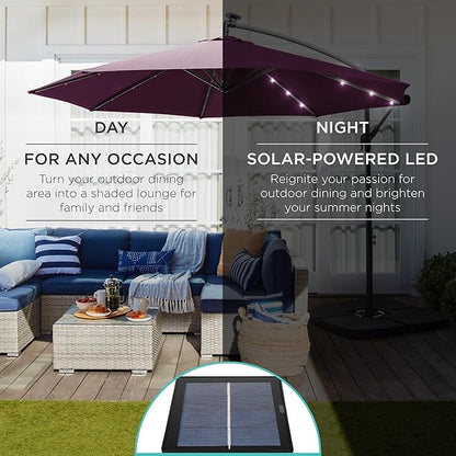 Best Choice Products 10ft Solar LED Offset Hanging Market Patio Umbrella for Backyard, Poolside, Lawn and Garden w/Easy Tilt Adjustment, Polyester Shade, 8 Ribs - Amethyst Purple