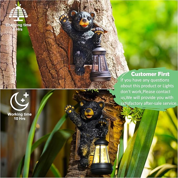 Bear Tree Hugger with Solar Lantern - Resin Bear Statue for Outdoor Garden Decor - Ideal Housewarming & Birthday Gifts for Grandma Mom Women