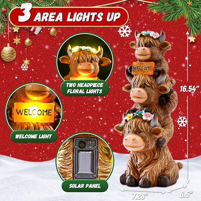 16 in Large Garden Highland Cow Statue Solar Garden Sculptures & Statues with Flower Decoration Birthday Gifts for Women Mom Funny Triple Big Highland Cow Decor for Yard Garden Patio Lawn Ornaments