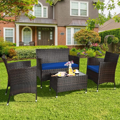 COSTWAY 4PCS Rattan Patio Furniture Set, Outdoor Wicker Rattan Chairs with Coffee Table, Rattan Cushioned Conversation Set for Backyard Balcony Porch Poolside, Navy