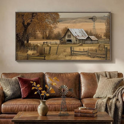 Large Framed Vintage Landscape Canvas Wall Art for Living Room, Retro Rustic Horizontal Paintings Prints, Neutral Country Barn Pictures for Bedroom Dining Room Hallway Entryway Wall Decor 60x30 Inch