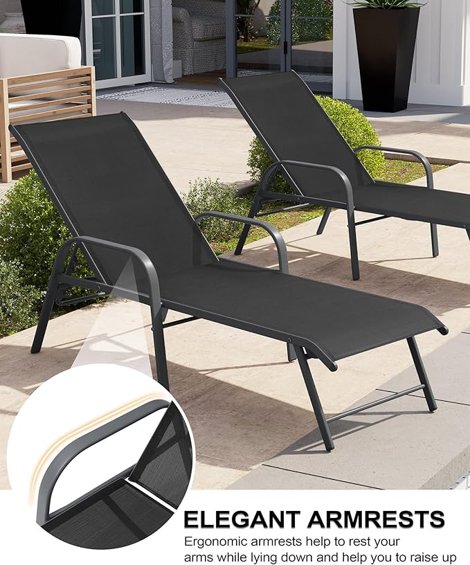 Crestlive Products Lounge Chair Outdoor with Armrests, Pool Lounge Chairs Set of 2, Aluminum Adjustable 5 Positions Tanning Chairs for Outside, Patio, Poolside, Yard, Deck, Backyard (Black)