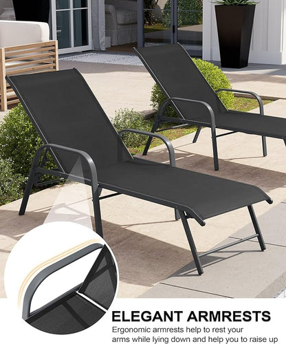 Crestlive Products Lounge Chair Outdoor with Armrests, Pool Lounge Chairs Set of 2, Aluminum Adjustable 5 Positions Tanning Chairs for Outside, Patio, Poolside, Yard, Deck, Backyard (Black)