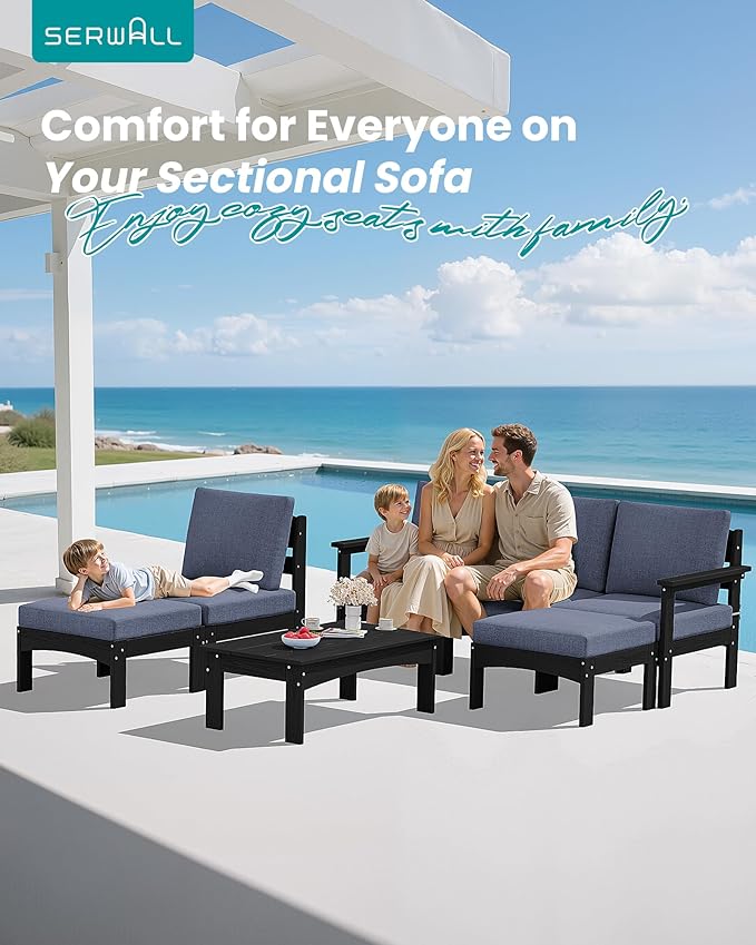 SERWALL HDPE Patio Furniture Set,7 Pieces Patio Conversation Set, All-Weather Modular Patio Sofa Set with Removable Cushions and Coffee Table for Deck, Garden, Porch, Black Frame with Grey Cushion
