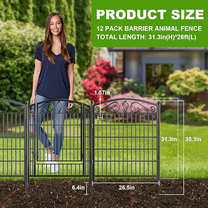 12 Panels No Dig Decorative Garden Fence with Gate, GATKITOM 31.3in(H) x 26ft(L) Rustproof Animal Barrier Metal Dog Fence Outdoor for Yard, Patio, Temporary Garden Fencing with Ground Stakes