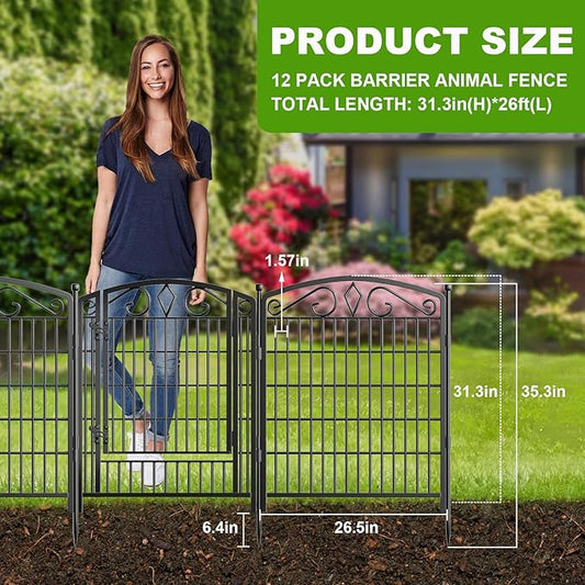12 Panels No Dig Decorative Garden Fence with Gate, GATKITOM 31.3in(H) x 26ft(L) Rustproof Animal Barrier Metal Dog Fence Outdoor for Yard, Patio, Temporary Garden Fencing with Ground Stakes