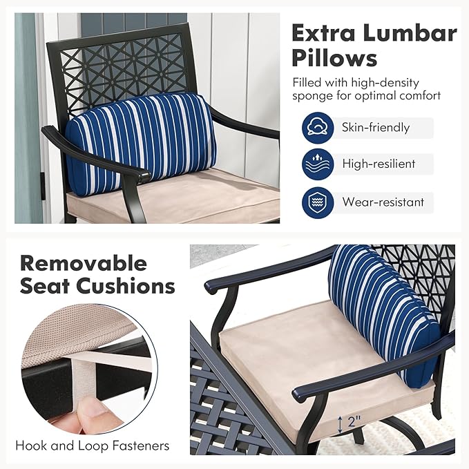 COSTWAY Outdoor Bar Chair Set of 2, 24.5 Inch Swivel Counter Height Bar Stools with Footrest, Seat Cushions & Lumbar Pillows, Metal Dining Bar Chairs for Patio, Backyard, Poolside (2)