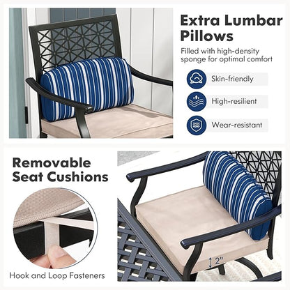 COSTWAY Outdoor Bar Chair Set of 2, 24.5 Inch Swivel Counter Height Bar Stools with Footrest, Seat Cushions & Lumbar Pillows, Metal Dining Bar Chairs for Patio, Backyard, Poolside (2)