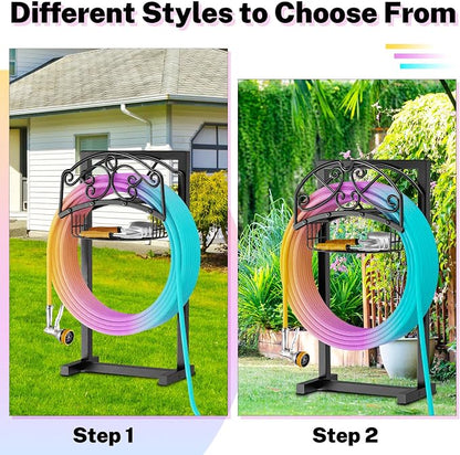 Garden Hose Holder, Metal Water Hose Holder with Storage Basket, Heavy Duty 4 Spikes Hose Hanger Holds 150 Feet Hoses, Freestanding Hose Storage Reel Rack for Outdoor Yard Lawn,Line