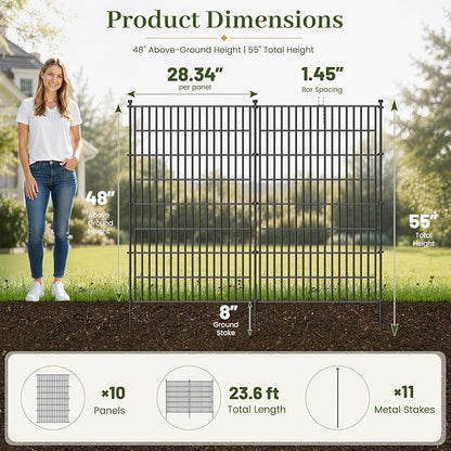 10 Panels No Dig Decorative Outdoor Garden Fence with Gate for Yard, 48 in(H) X 23.6ft(L) Animal Barrier Fencing Rustproof Metal Wire Panel Border for Dog, Rabbits, and Patio Temporary Ground Stakes
