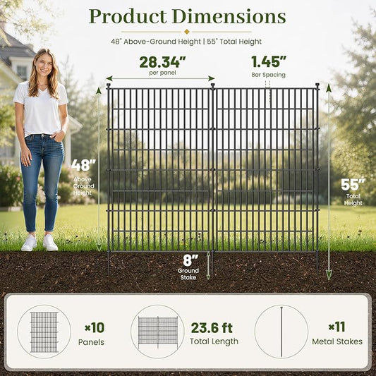 10 Panels No Dig Decorative Outdoor Garden Fence for Yard, 48 in(H) X 23.6 ft(L) Animal Barrier Fencing Rustproof Metal Wire Panel Border for Dog, Rabbits, and Patio Temporary Ground Stakes