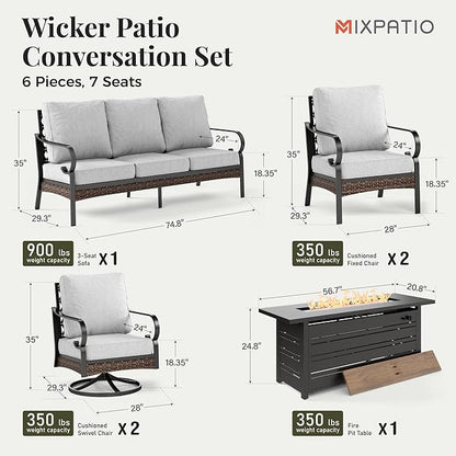 Patio Furniture Set with Firepit Table, Black Frame Outdoor Conversation Set with 2 x Fixed Chairs, 2 x Swivel Chairs, 1 x 3-Seat Sofa for Lawn Garden Backyard, Light Grey