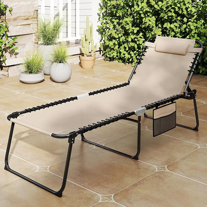Goplus Extra Large Lounge Chair Outdoor, 27” Wide Folding 5-Position Tanning Chair with Detachable Pillow, Side Pocket, 16” High Chaise Lounger, 440LBS Capacity, Patio Lounge Chair for Yard Pool Yard