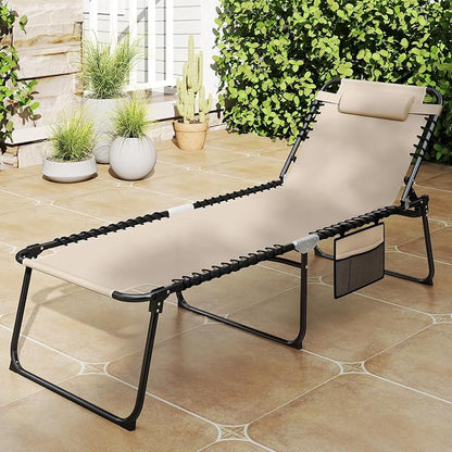Goplus Extra Large Lounge Chair Outdoor, 27” Wide Folding 5-Position Tanning Chair with Detachable Pillow, Side Pocket, 16” High Chaise Lounger, 440LBS Capacity, Patio Lounge Chair for Yard Pool Yard