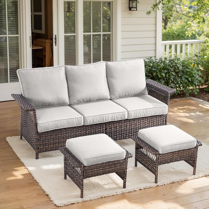 Patio Furniture Set Wicker Sofa with 2 PE Rattan Patio Ottomans Set Brown Wicker Beige Cushions Patio Conversation Set 3pcs for Patio Garden Balcony Sunroom Backyard Deck Poolside