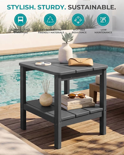 SERWALL Double Layer Adirondack Side Table with Umbrella Hole, HIPS Outdoor Side Table Rectangular End Tables for Patio, Poolside, Garden, Gray