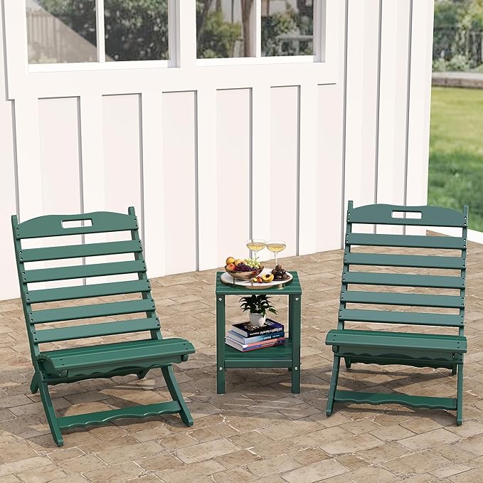 GREENVINES 3 Pieces Patio Furniture Set | Outdoor Bistro Sets for 2 | HDPE Plastic | Folding-Adirondack-Chairs-with-Side-Table | All Weather | Xavier Chair | for Porch Deck Poolside Backyard | Forest