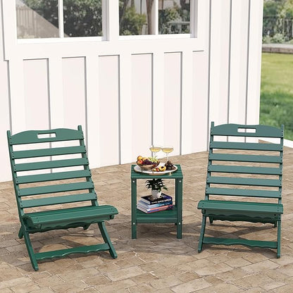 GREENVINES 3 Pieces Patio Furniture Set | Outdoor Bistro Sets for 2 | HDPE Plastic | Folding-Adirondack-Chairs-with-Side-Table | All Weather | Xavier Chair | for Porch Deck Poolside Backyard | Forest