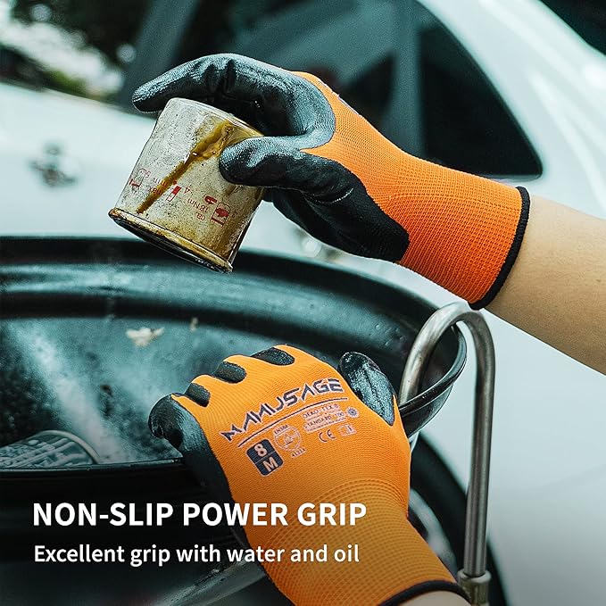 Safety Work Gloves Nitrile For Men and Women, with Touchscreen Fingers, Men's Work Gloves with Grip, Mechanics Gloves (Size XL, Orange, 24-pairs)