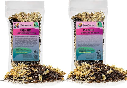 Gardenera Premium Orchid Mix by GARDENERA - 10 Quart - Fern + New Zealand Pine Bark + Sphagnum Moss + Perlite | Best for Growing and Repotting Orchids (2 Bags of 5 QT)