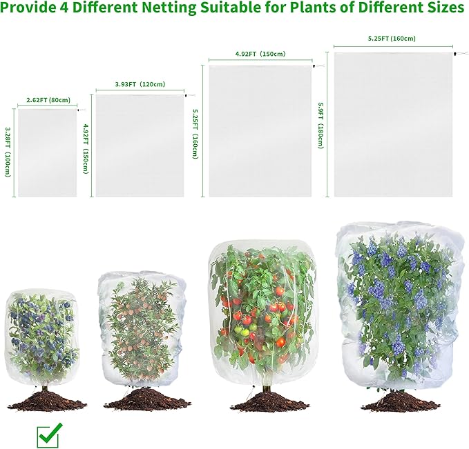 afzdby Garden Mesh Netting with Drawstring,Plants Cover Protection from Anti Birds,Bugs,Cicadas,and Insects-Pest Barrier Bag for Blueberry Bushes,Citrus,Tomatoes,Vegetables,Fruit Tree and Orange