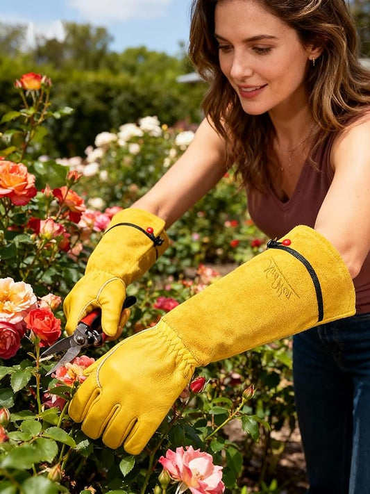 Heavy Duty Long Leather Garden Gloves Thorn and Cut Proof Garden Work Gloves (Yellow 2, Medium)