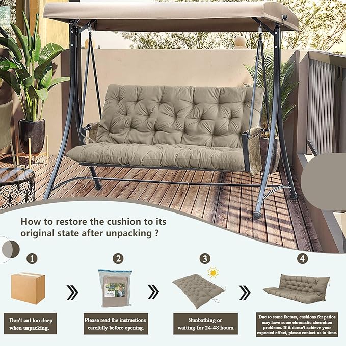 2/3 Seater Swing Replacement Cushion, Waterproof Porch Swing Cushions with Backrest, Thickened Bench Cushions for Outdoor Furniture, for Outdoor Patio Swing (Khaki, 71 * 40in)