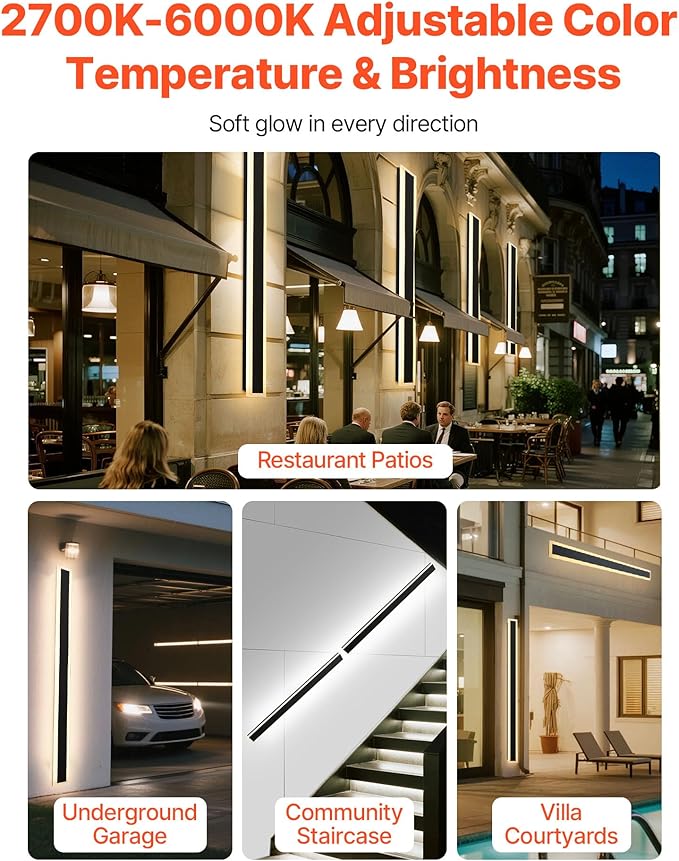 VEVOR Outdoor Wall Lights, 2 Pack, 59.1 Inch Long Strip Modern Exterior Wall Sconce Light Fixtures, 2700K-6000K, IP65 Waterproof Anti-Rust, Dimmable Outside Wall Mount Lighting, for House Porch Garage