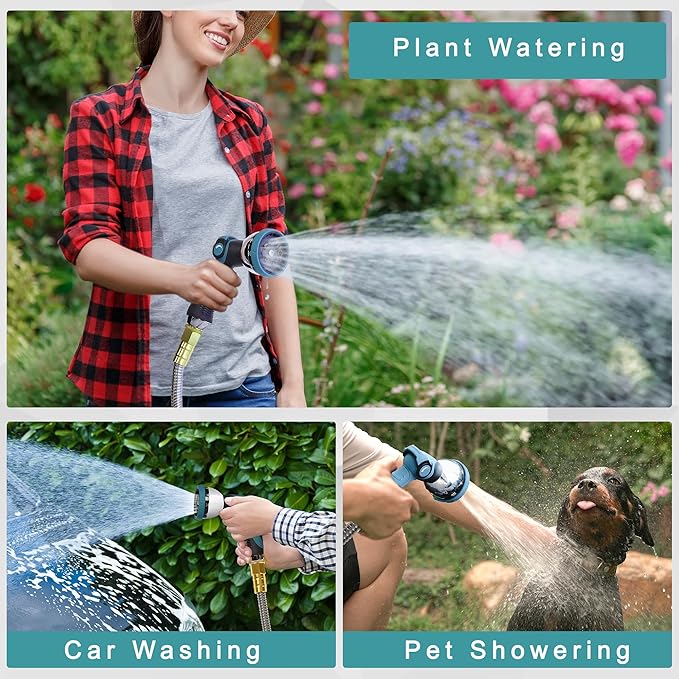 50FT Garden Hose, Stainless Steel Water Hose, Metal Hose Flexible with a 10-Mode Nozzle Sprayer, No Kink, Lightweight, Puncture Proof, Ideal for Yard, Lawn, Outdoor, 5/8'' Outside Diameter