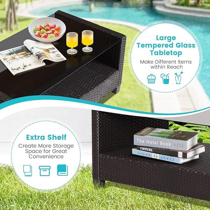 HAPPYGRILL 4 Pieces Patio Furniture Set Outdoor PE Rattan Conversation Set with 2-Tier Coffee Table, Extra Storage Shelf and Cushions, Patio PE Wicker Sofa Set for Garden Backyard Poolside