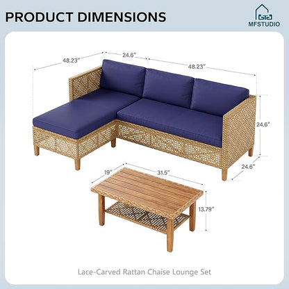 MFSTUDIO Wicker Patio Furniture Set, L Shaped Outdoor Couch Set, Rattan Outdoor Sectional Sofa with Acacia Wood Coffee Table, 3 Pieces Small Patio Conversation Set for Backyard, Navy Blue