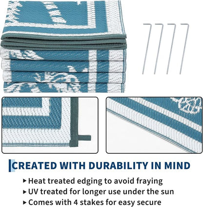 Garvee Outdoor Rug 5x8 Waterproof for Patios, Reversible Plastic Straw Rug, Tropical Leaf Indoor Outdoor Rugs, Large Area Rug for RV, Camping, Deck, Picnic Mat, Outside Carpet, Blue & White