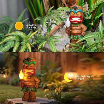 Solar Tiki Garden Statues Tiki Statue Holding Torches with Flickering Flame LED Lights for Tiki Bar Porch Lawn Yard Outdoor Decorations Christmas Birthday Gardening Gift for Mom Women