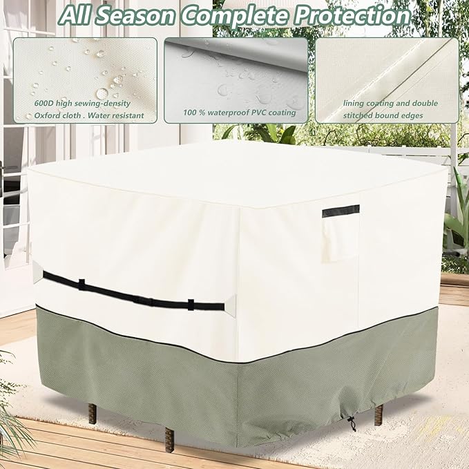 Square Patio Furniture Cover for 5-Piece Bar Height Patio Dining Set Covers,100% Waterproof Outdoor 60 Inch Square High Wicker Bar Table and Chairs Cover, Beige