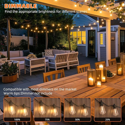 Kawaya Outdoor String Lights 100 FT LED Patio Light - 50+2 Shatterproof Vintage Edison Bulbs - 2700K Dimmable IP65 Waterproof Outside Hanging Lighting for Yard Porch Deck Balcony Bistro Cafe Party