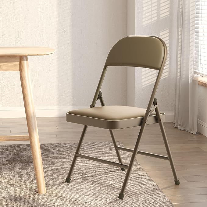 Nazhura 4 Pack Folding Chairs with Padded Vinyl Cushion Chairs with Comfortable Cushion and Durable Steel Frame for Home and Office, for Indoor and Outdoor Events (Kahki, Vinyl)