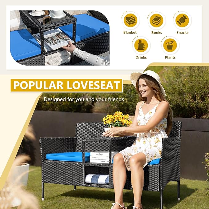 Devoko Outdoor Patio Loveseat Modern Rattan 2-Seat Patio Conversation Set with Cushions & Built-in Coffee Table Porch Furniture for Garden Lawn Backyard (Blue)