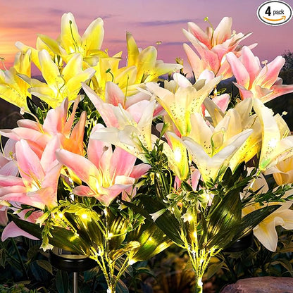 GIGALUMI Solar Garden Lights, 4Pack LED Lily Garden Decor Carefree Solar Flowers Outdoor Waterproof, Yard Decorations Outdoor, Allergy-Free Light up Flowers for Yard Patio (2Pink,1White,1Yellow)