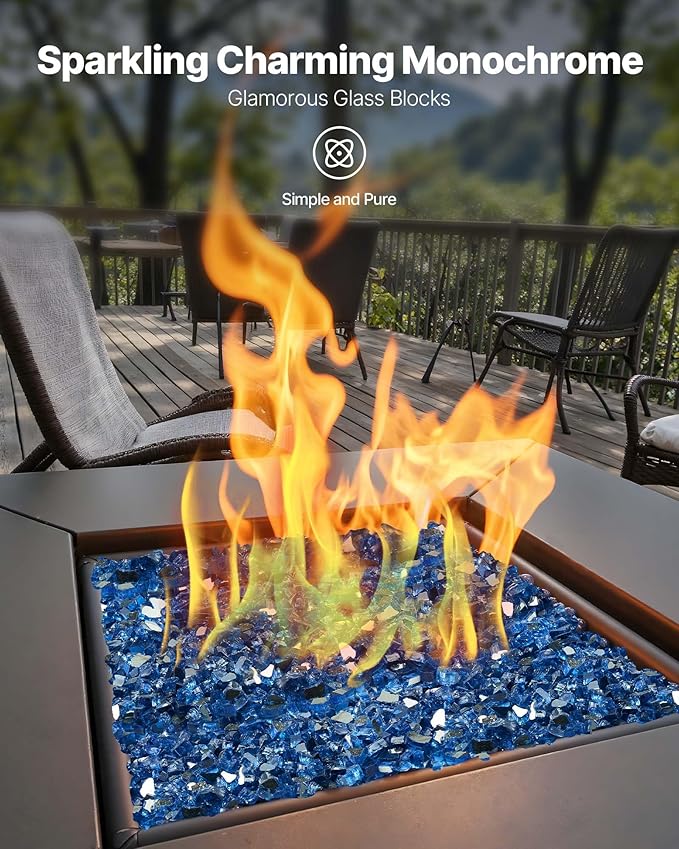 VEVOR Fire Glass, 10LBS / 4.5KG High-Temperature Resistant Fireplace Rocks, 1/2-Inch / 12.7 mm Reflective & Smokeless Firepit Glass Rock, High Luster Stone Landscaping for Fire Pit Table, Pacific Blue
