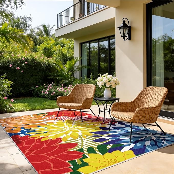 ZonLi Colorful Outdoor Rug 6x9Ft Waterproof Multicolored Indoor Area Rug Washable Outdoor Patio Rugs Tropical Floral Non Slip Outdoor Carpet for Living Room, Pool,Backyard,Deck,Camping