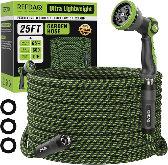 Garden Hose, Flexible Ultra Lightweight Durable, Kink-Free Water Hose with 10 Function Sprayer - Non-Shrinking, Easy to Store, All-Weather, High-Pressure (25FT)