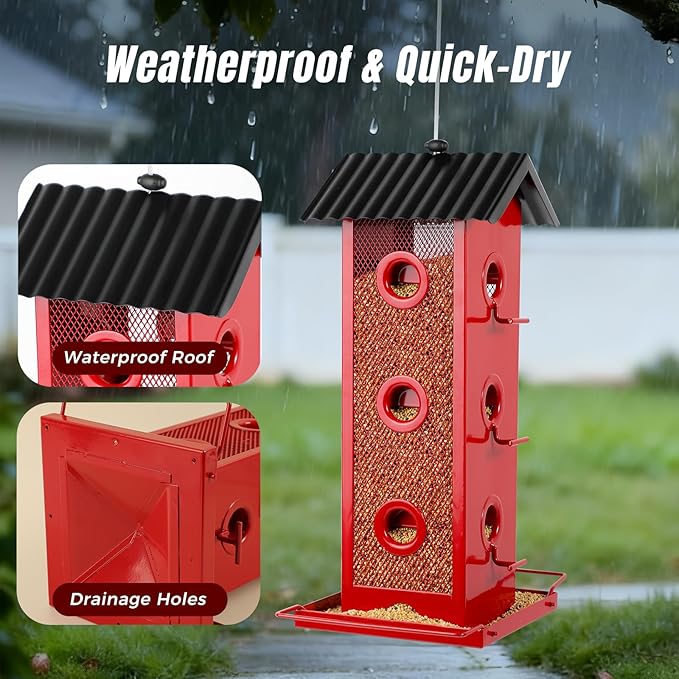 Squirrel-Proof Bird Feeder for Outdoors Hanging | 14-Port Multi-Bird Viewing | All Metal, Waterproof & Easy-Clean | Attracts Cardinals, Finches, Chickadees & More (Elegant Red & Black)