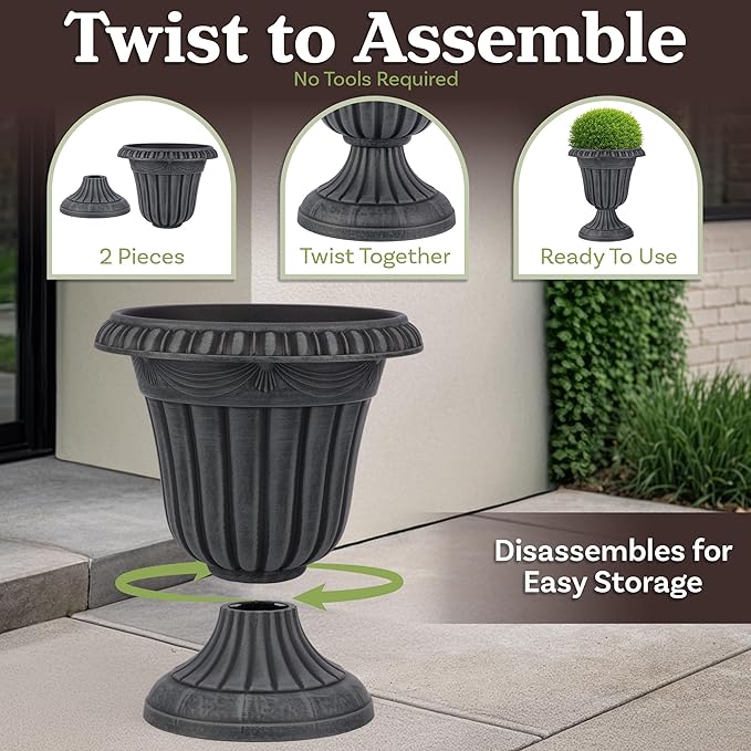 Outdoor Planter 2-Pack - 16x18-Inch Urn Planters for Front Porch Decor, Indoors, Patio or Entryway - Plastic Plant Pots - Large Decorative Flower Pots by Pure Garden (Stone Gray)