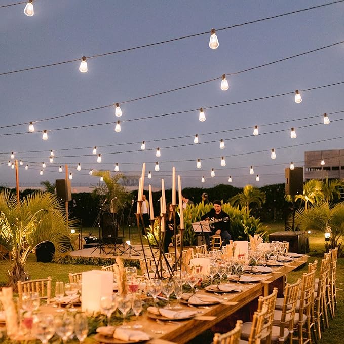 BLIATLUS 100FT Super Bright Solar String Lights Outdoor Waterproof with Remote Control 30+2 Shatterproof LED ST38 Bulbs for Porch Garden Market Bistro Patio Backyard Fence