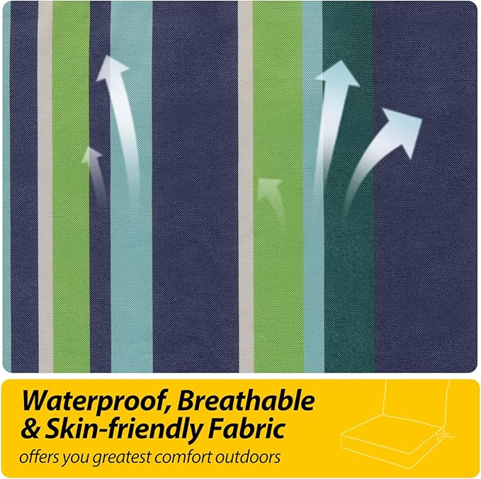 AAAAAcessories Outdoor Seat Cushions for Chairs, Fade-Resistant, Waterproof Patio Furniture Replacement Cushions, 22" x 24" x 5" + 22" x 19", Stormy Teal Coastal Stripe