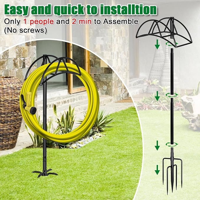 Gtongoko Garden Hose Holder for Outside 47" Heavy Duty Freestanding Water Hose Holder with 5 Stable Spikes Metal Hose Stand Holds Up to 150FT Hose & 49LB Detachable Hose Storage for Yard Lawn Patio